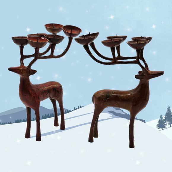 Vintage Decorative Tealight Reindeer Candle Holders Set/2 - Holiday Home Decor - Picture 1 of 8